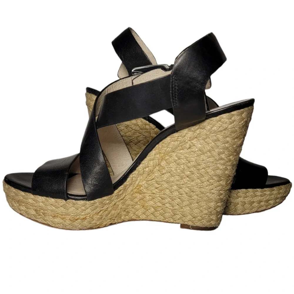 Michael Kors Giovanna Black Leather Espadrille Wedge Sandals Size 7 - Picture 3 of 5